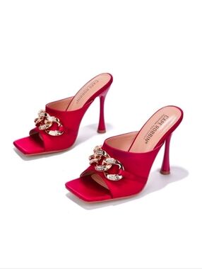 Cape Robbin Disteny Red Satin Gold Chain Square Open Toe Stiletto Mules
